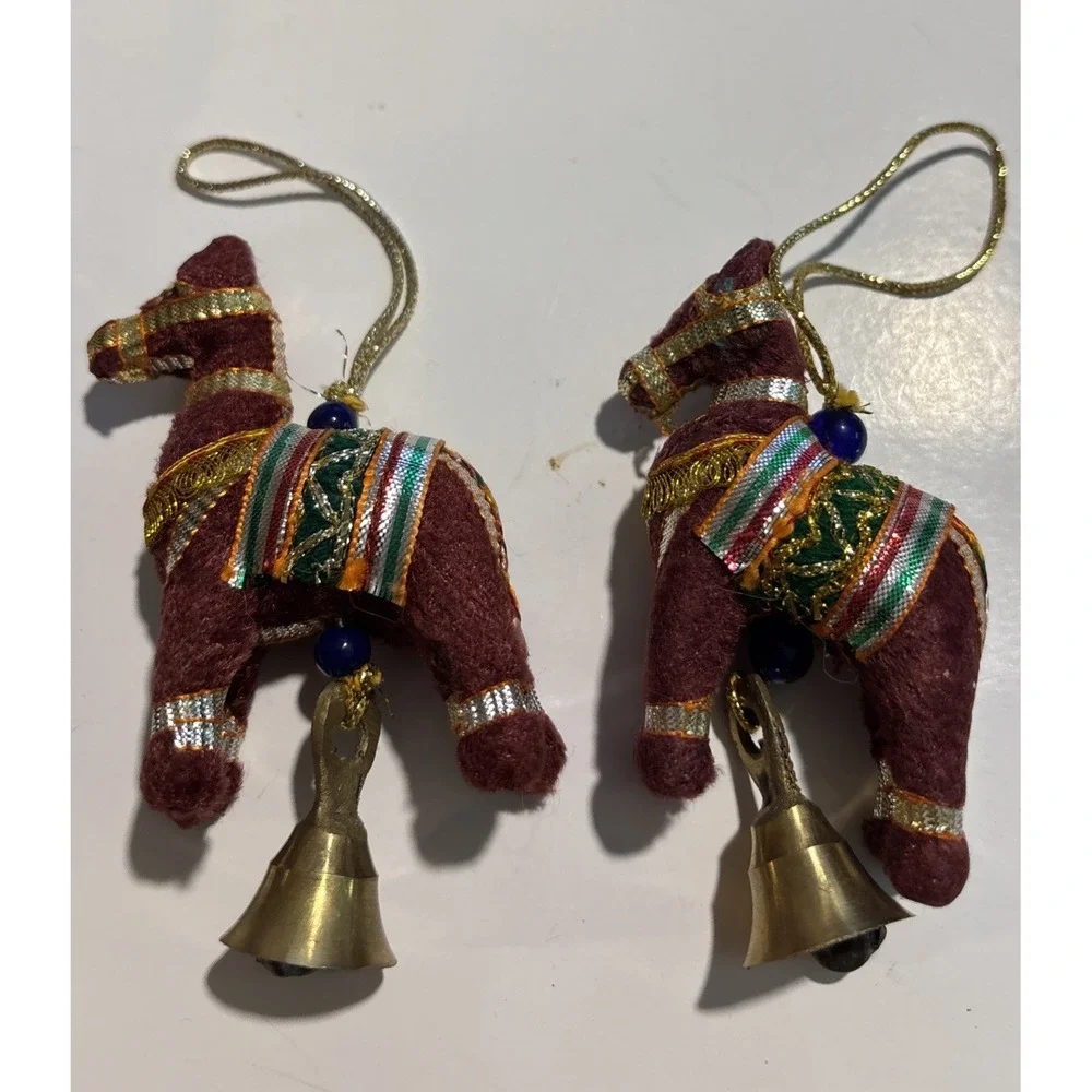 2 Fabric Horses Christmas Ornaments‎ with Bell Boho Decor